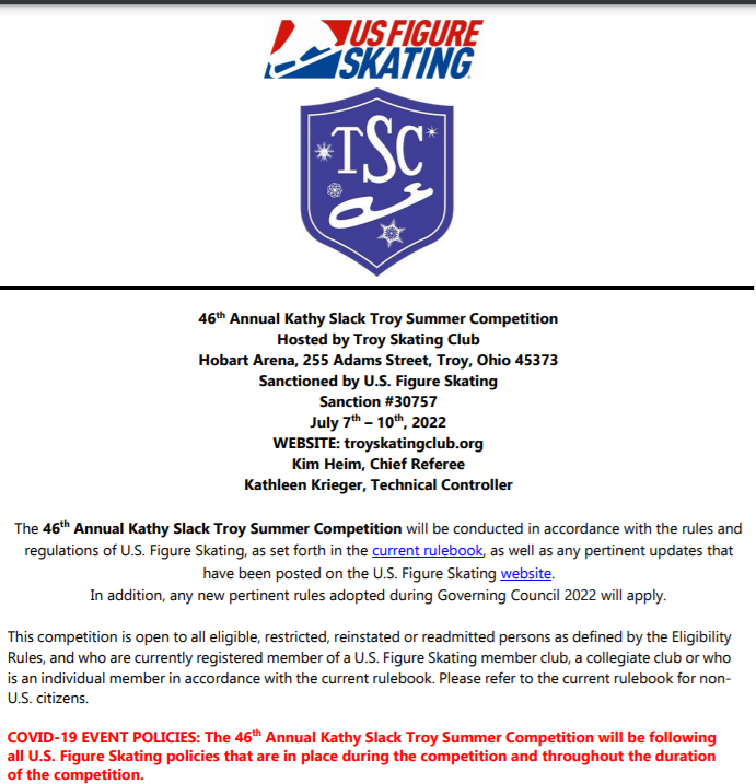 2022 Announcement for the 46th Annual Kathy Slack Troy Summer Competition